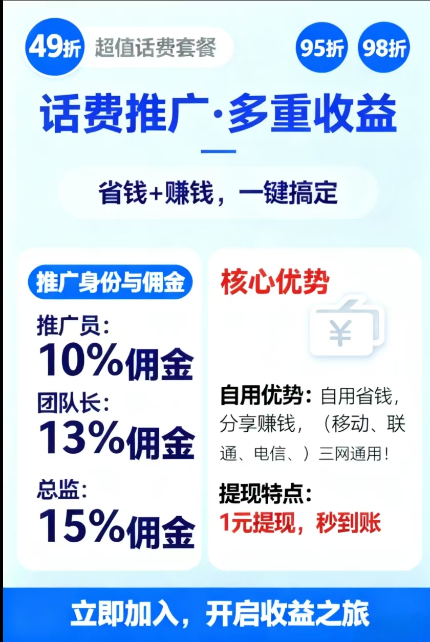 话费充值项目，全民高频刚需品，零费用，人不懒就能做起来，挣管道收益