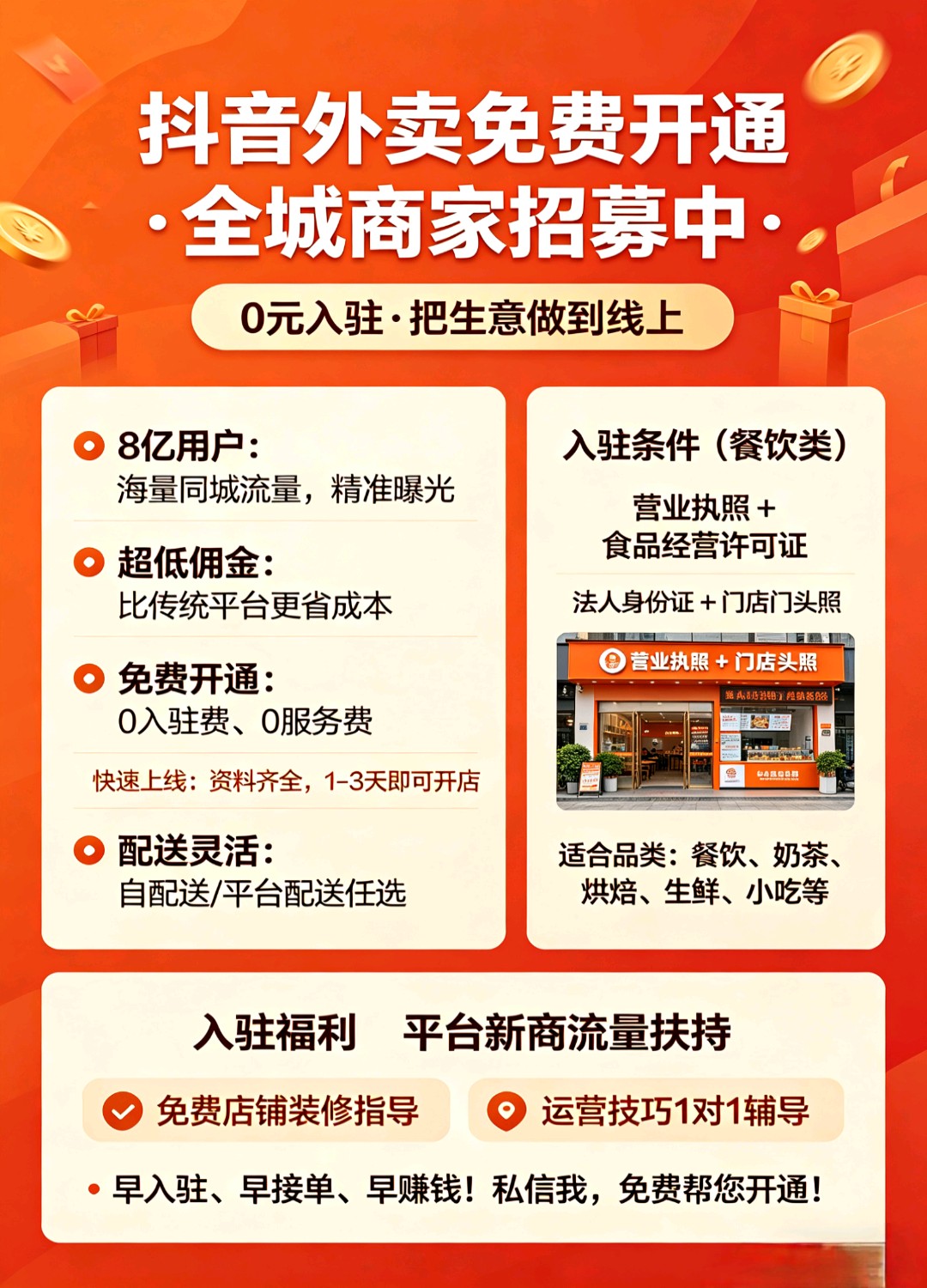 免费给商家开通抖音外卖，全国99%空白，抢占市场抢占先机，地推网推均可