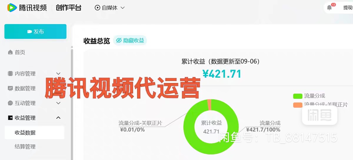 腾讯视频账号代运营合作｜全托管｜按收益分成