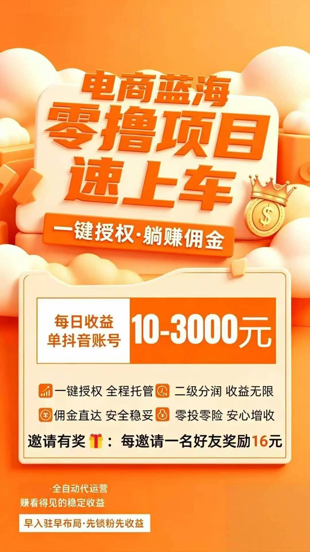 抖音视频、图文带货，一键授权托管，号无要求，无需投资，独立后台