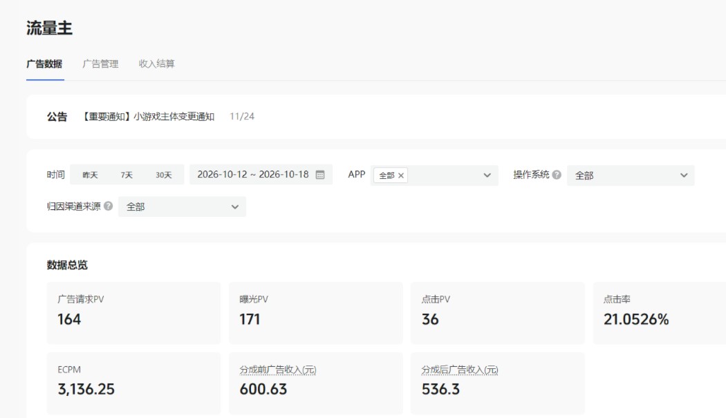 小游戏广告变现项目，寻找合伙人，日收益100+，各个平台可做，会的做多平台也可以